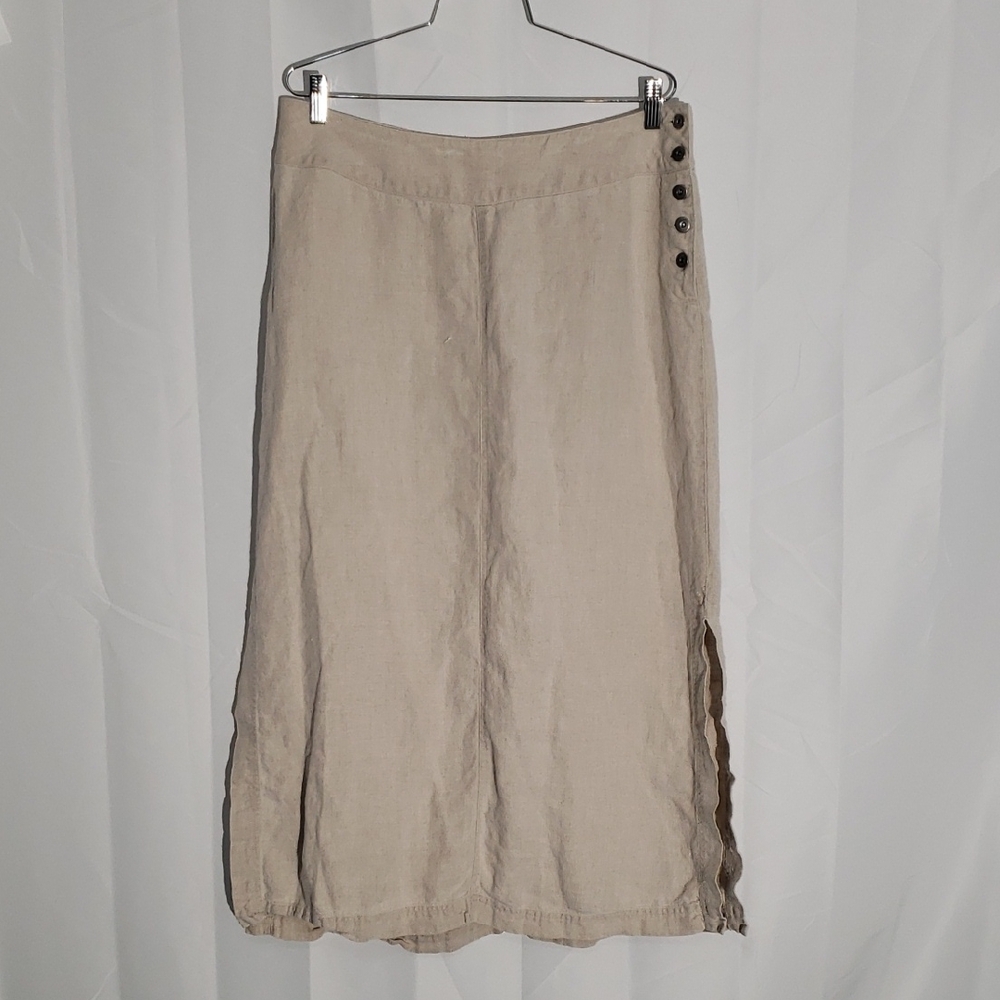 100% Linen Beige Button-Detail Women's Maxi Skirt Side Slits 14